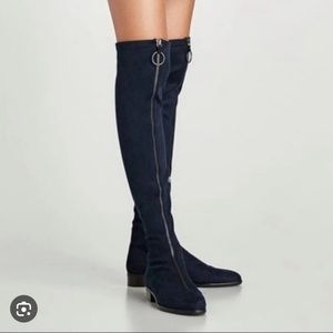 Zara blue suede knee high boots front zipper